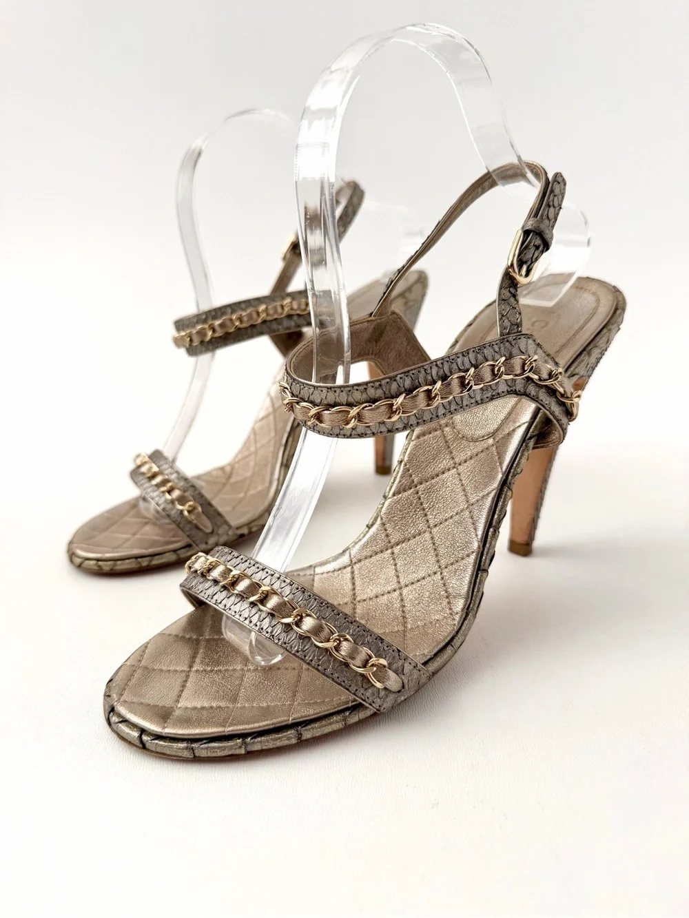 CHANEL | Gold Bronze Python CC Logo Chain Ankle Strap High Heel Sandals EU 41
